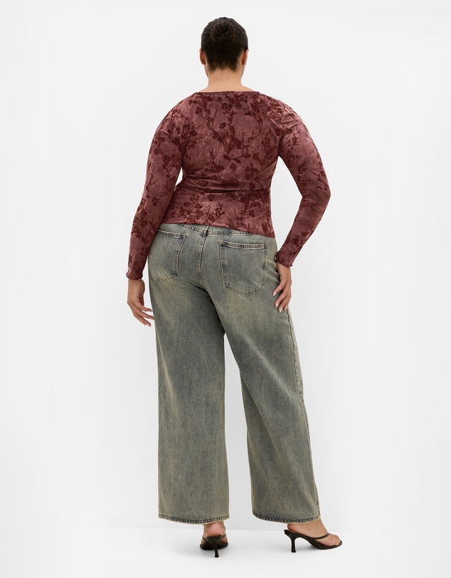 City Chic - Plus size Devore Flock Print Top - choc cherry