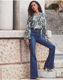 Sosandar - Floral Print Metallic Stripe Blouse With Lace Up Detail