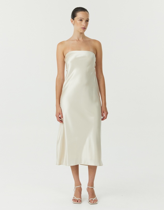 Third Form - Satin Tie Back Strapless Midi Dress
