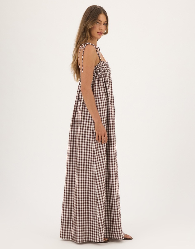 Atmos&Here - Eire Gingham Linen Blend Maxi Dress With Tie Straps And Shirring Detail