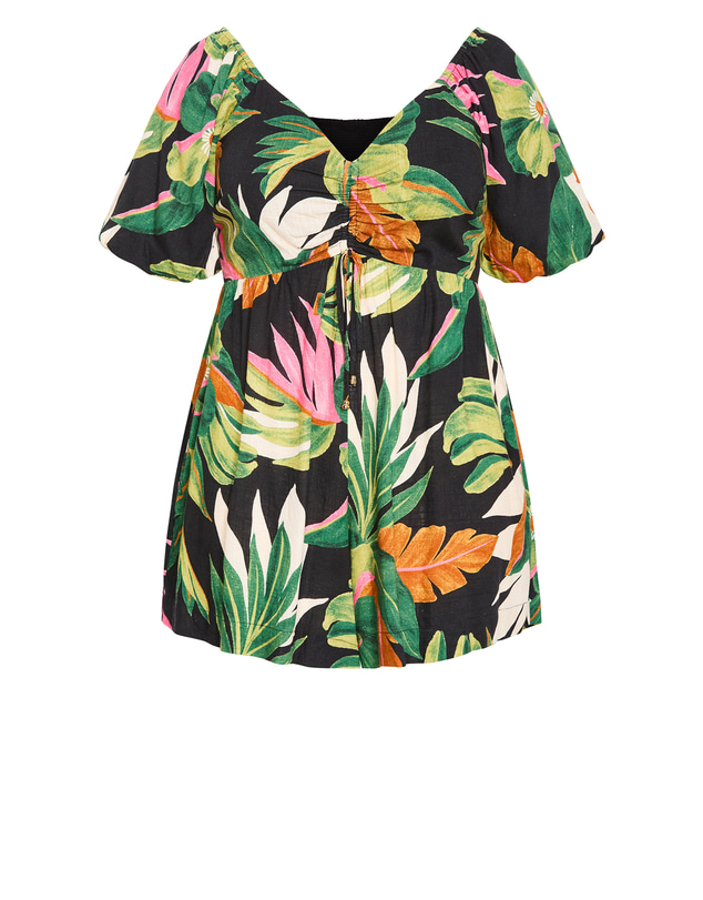 City Chic - Plus size Paradiso Print Cotton Playsuit - black