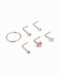 Lovisa - Surgical Steel Cubic Zirconia Flower & Heart Nose Piercing 6-Pack