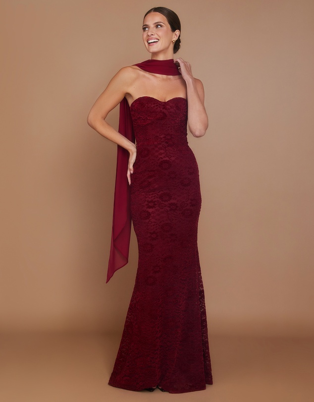 Six Stories - Velvet Lace Corset Bandeau Maxi Dress with Neck Scarf