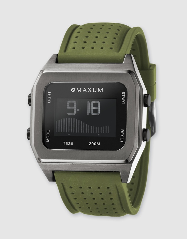 Maxum - Raglan Tide Watch – Gunmetal Case, Black Dial & Green Silicone Strap