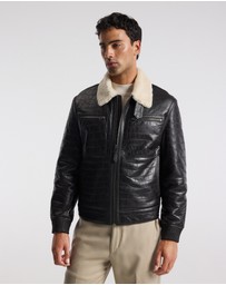 Calibre - Croc Embossed Leather Shearling Jacket Chocolate