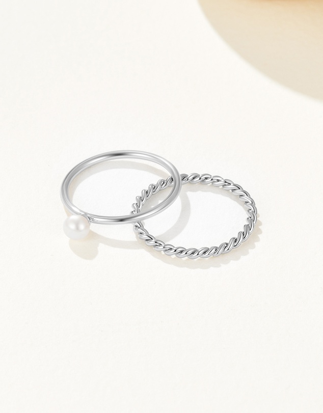 Mestige - Delicate Pearl Stacking Ring Set - Silver Plated