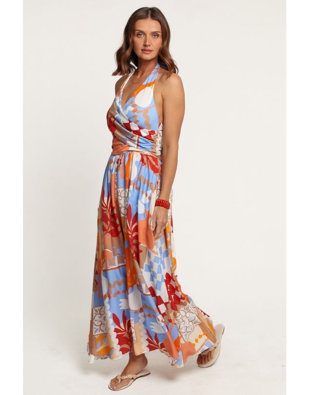 Petal & Pup - Juliana Halterneck Midi Dress - Blue Red Geo Tropic