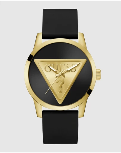 GUESS - Guess Triangle Men's 44mm Black Dial Gold-Tone Case and Black Leather Strap