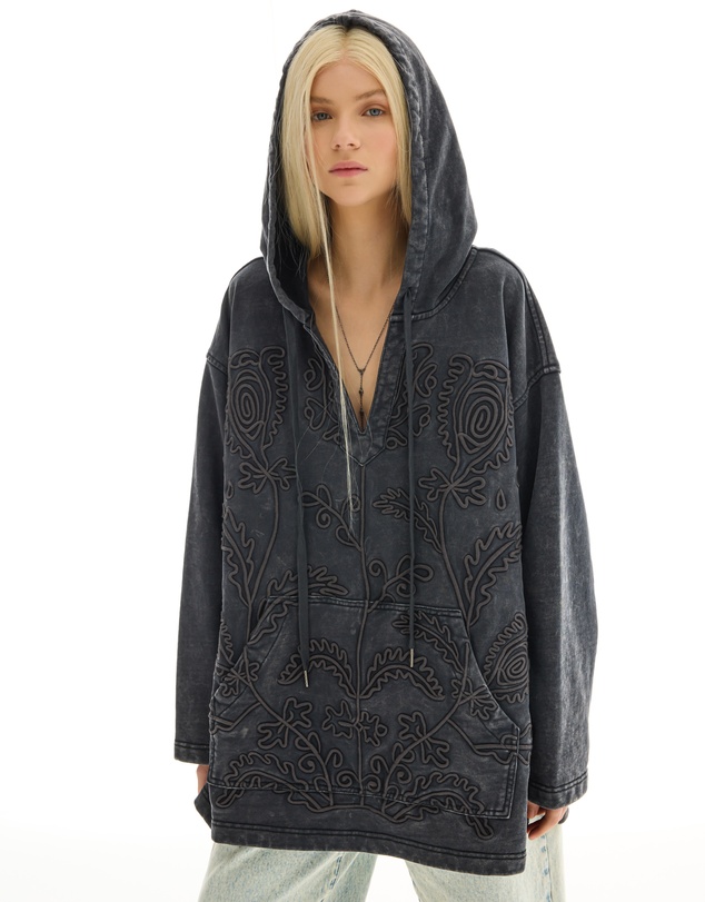 THE TALES - Textured Flower Embroidered Hoodie Jacket