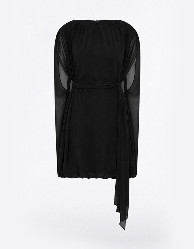 Carla Zampatti - Black Georgette Gathered Capelet Mini Dress