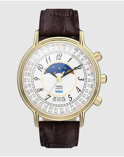 TIMEX - Timex 1990 Moon Phase and Calendar Dial Reissue 37mm Brown Leather Strap Watch