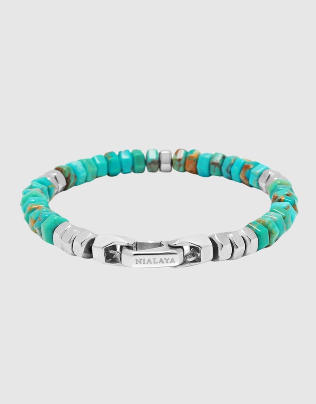 Nialaya Jewellery - Men's Hexagon Beaded Bracelet with Turquoise and Silver