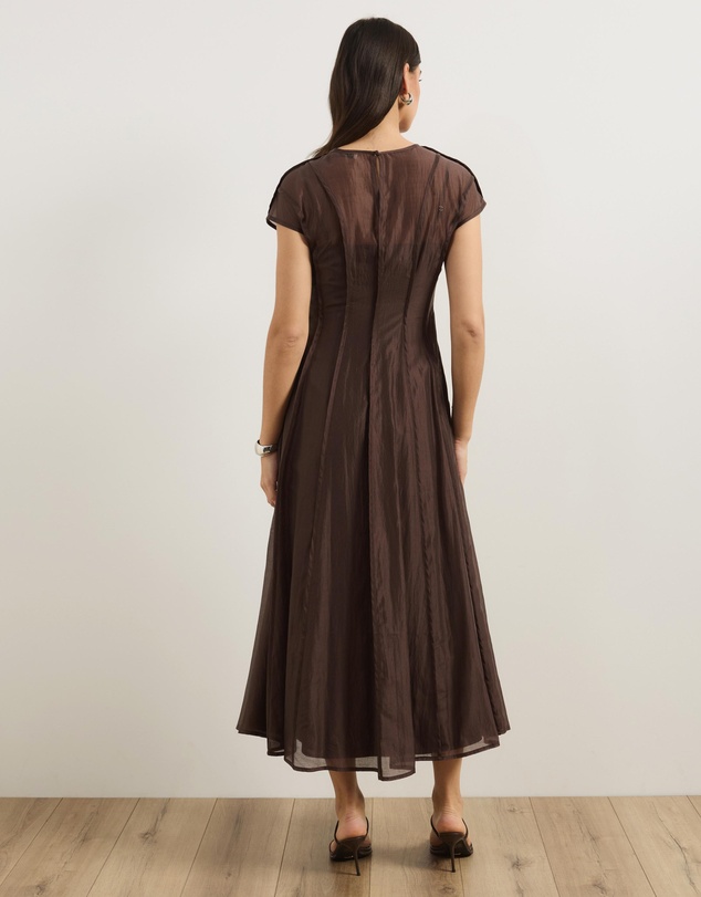 Atmos&Here - Cindy Short Sleeve Panelled Organza Midi Dress