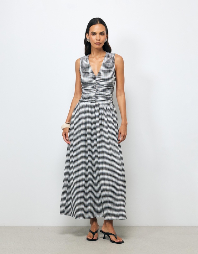 AERE - Anka Gingham Ruched Midi Dress