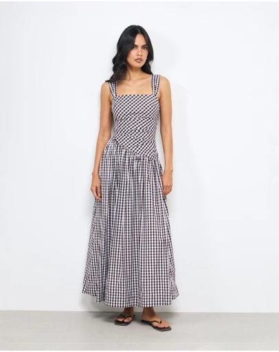 AERE - Kylara Gingham Ruched Midi Dress