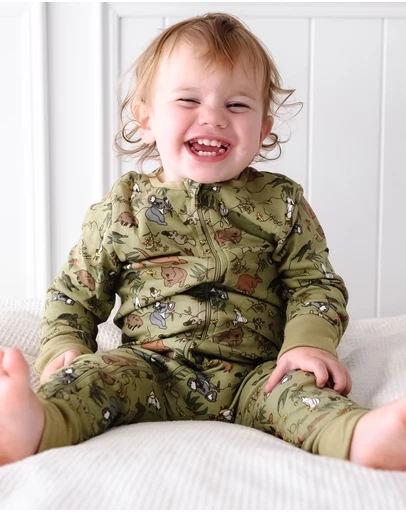 B Free Intimate Apparel - 100% Organic 2-Way Zip Sleepsuit - Baby & Toddler Khaki Native Aussie Animals