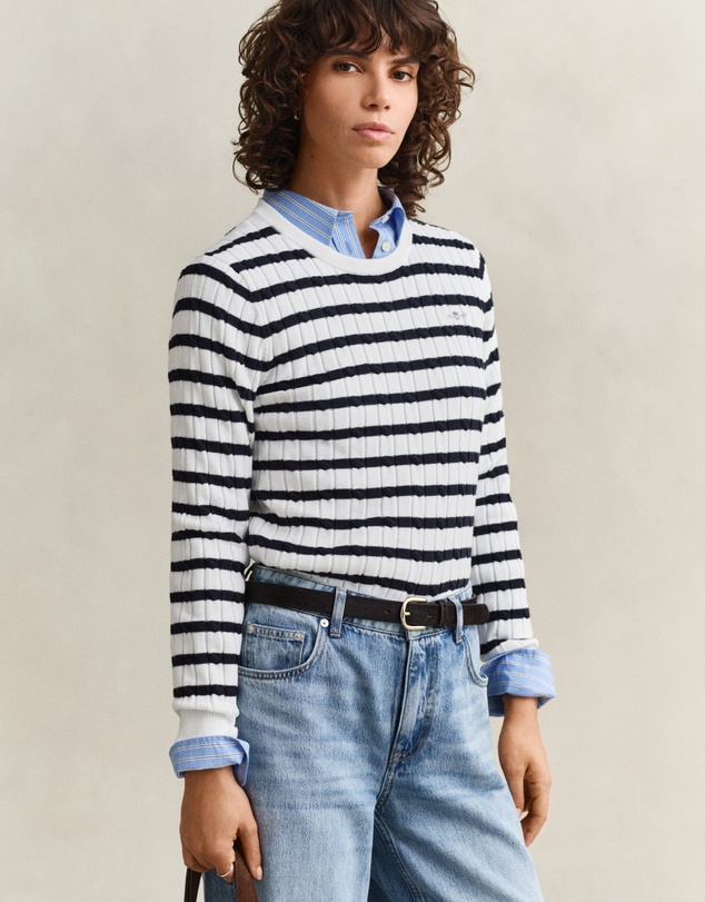 Gant - Stretch Cotton Cable Stripe Crew Neck Sweater