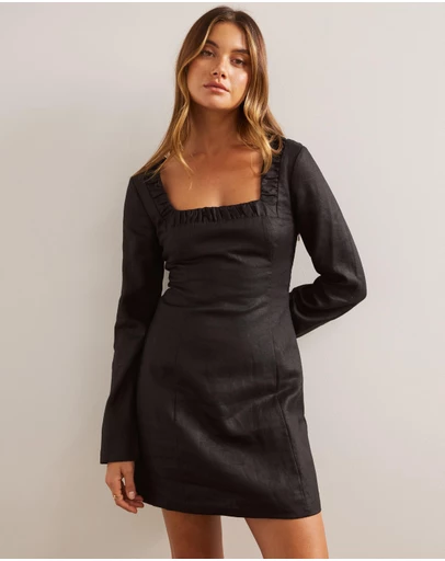 AERE - Linen Square Neck Detail A Line Mini Dress
