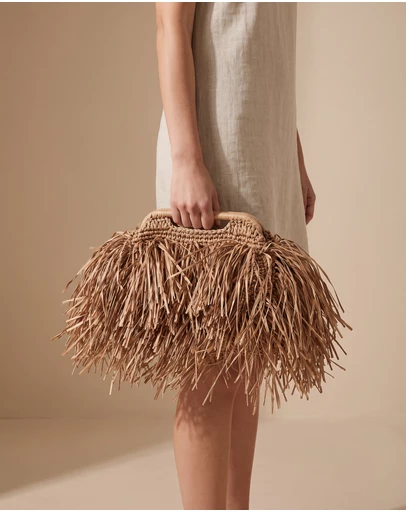 Izoa - Izoa Bridgett Tassel Clutch Tan Hand-Woven Crochet Fringe Bag with Handle