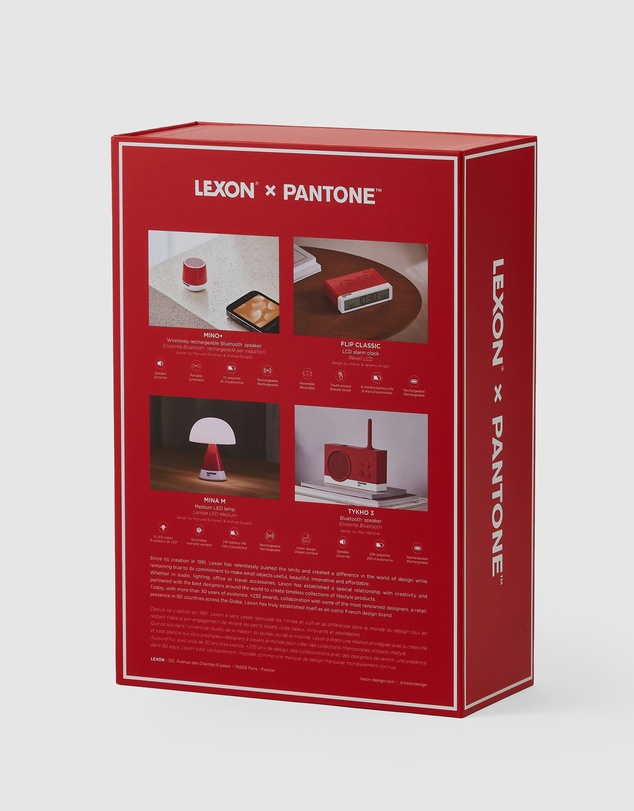 Lexon - Lexon GIFT Set PANTONE - Includes Mino+ Mini Speaker, Flip Classic Clock, Mina M Lamp, Thykho 3 Speaker - 2035 Red