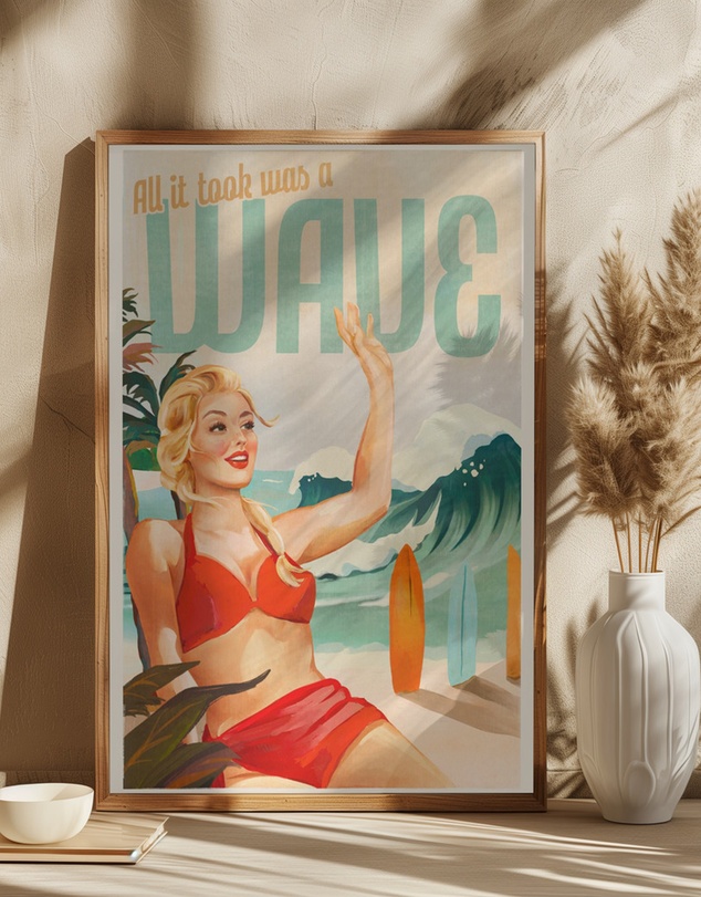 Olive et Oriel - Surfing Pinup Girl On Beach In Bikini by The Whiskey Ginger Art Print