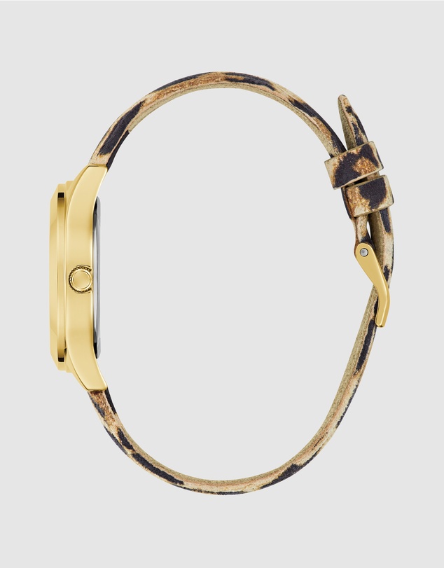 GUESS - Gold-Tone 34mm Champagne Dial with Crystals and Animal Print Leather Strap