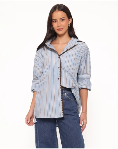Petal & Pup - Mila Button Up Shirt - Blue/Brown Stripe