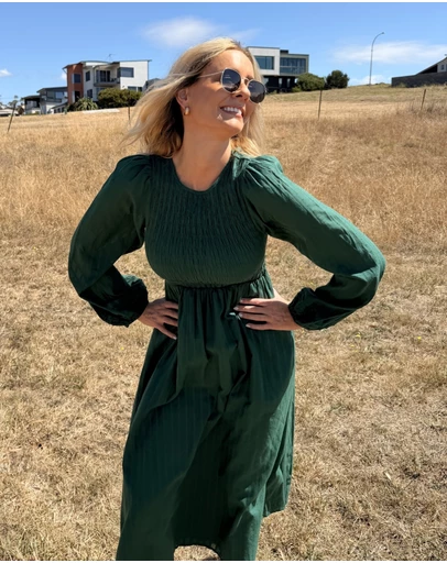 Esther & Co - Iolana Dress - Deep Green Long Sleeve
