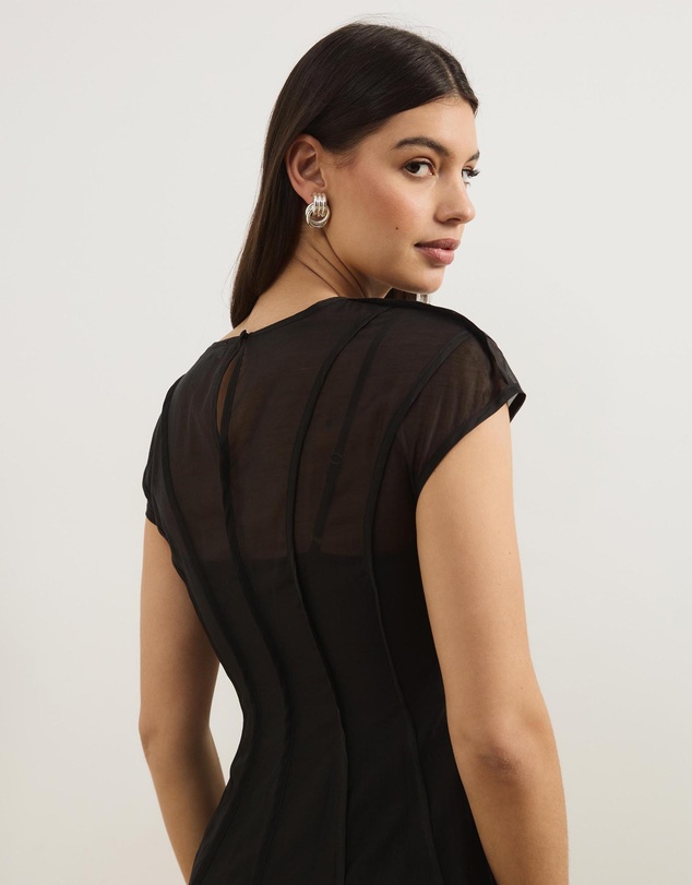 Atmos&Here - Cindy Short Sleeve Panelled Organza Midi Dress