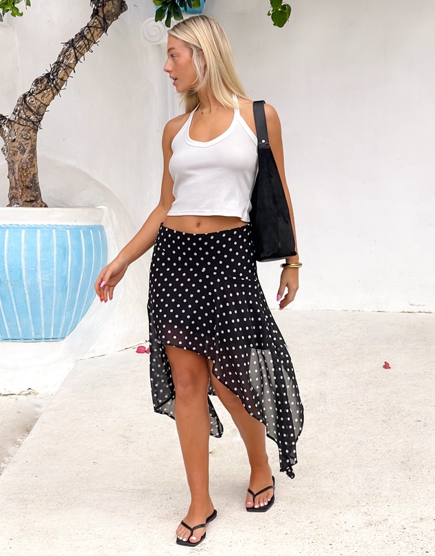 Beginning Boutique - Khalea Black Polka Dot Hanky Hem Midi Skirt