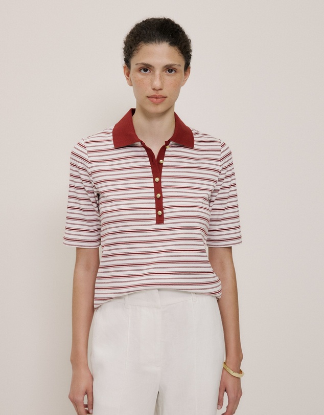 Trenery - Half Placket Stripe Polo in Russet