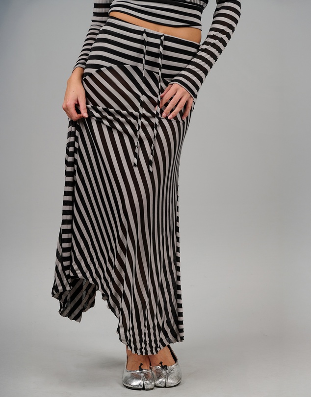 Love and Nostalgia - Alexa Striped Asymmetrical Skirt - Black / Nude