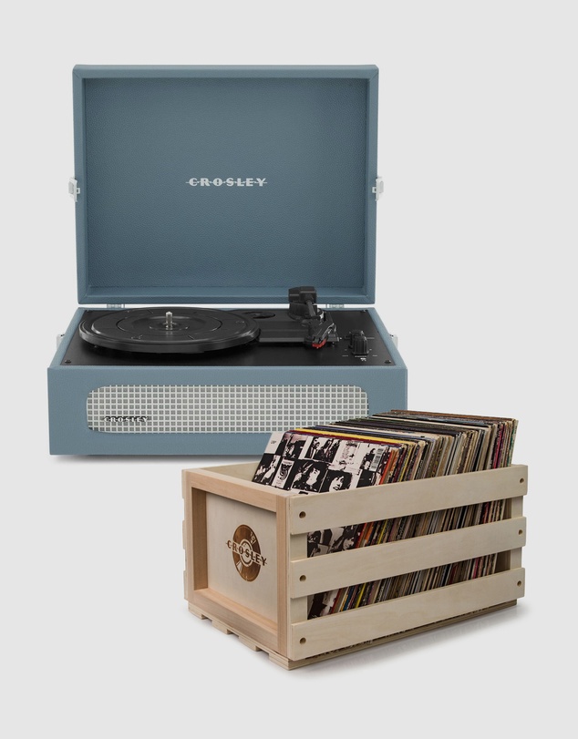 Crosley - Crosley Voyager Bluetooth Portable Turntable + Bundled Record Storage Crate - Washed Blue