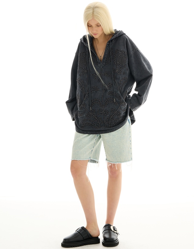 THE TALES - Textured Flower Embroidered Hoodie Jacket