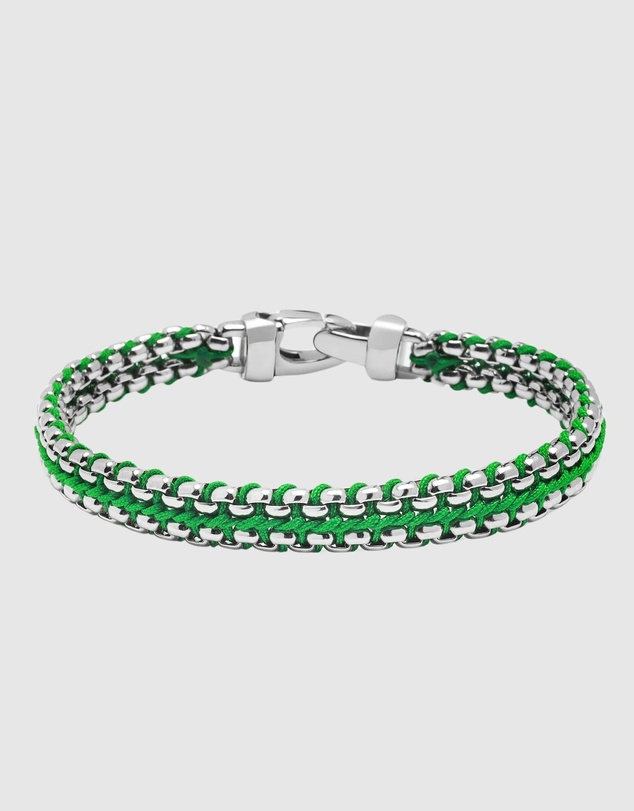 Nialaya Jewellery - Green Woven 8mm Box Chain Bracelet in Silver