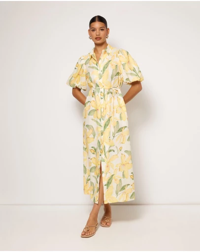 AERE - Amalie Linen Puff Sleeve Shirt Dress