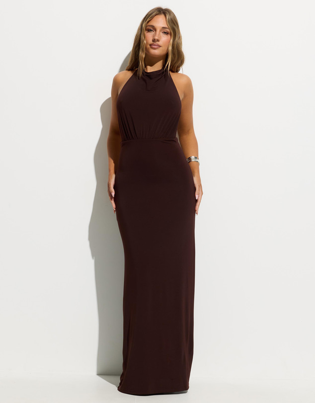 Dazie - Damson Halterneck Backless Maxi Jersey Dress