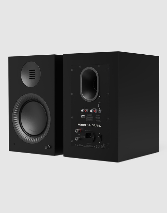 iWorld - Kanto TUK (2nd Gen) Grand 320 W Premium Powered Speaker System with Bluetooth® 5.4, Dual RCA and USB-C Inputs, Matte Black w/ Gunmetal