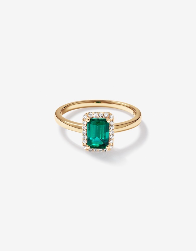 Michael Hill - Emerald Cut Green Created Emerald Gemstone and Diamond Halo Ring in 10kt Yellow Gold