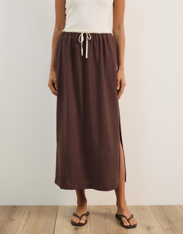 Atmos&Here - Jade Linen Blend Contrast Midi Skirt
