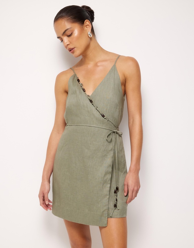 AERE - Nora Beaded Linen Wrap Mini Dress