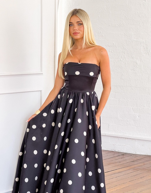 Beginning Boutique - Julianne Strapless Polka Dot Satin Maxi Dress