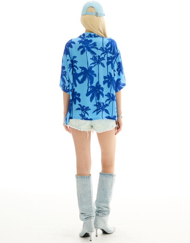 THE TALES - Blue Palm Oversized Silk Shirt