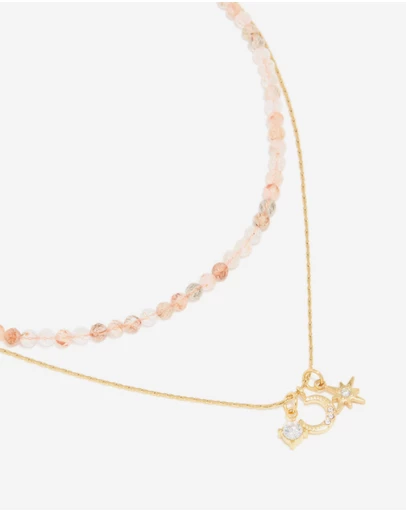 Lovisa - Waterproof Gold Plated Stainless Steel Rose Quartz Semi Precious Stone & Celestial Layered Necklace