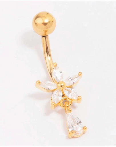 Lovisa - Gold Plated Titanium Cubic Zirconia Flower Pear Threadless Belly Bar