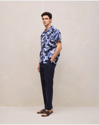 Trenery - Painted Leaf Linen Camp Shirt in Navy