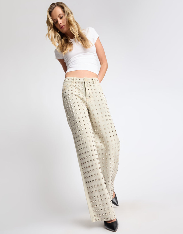 ONE TEASPOON - Jackson Mid Waist Wide Leg Studded Denim Jeans - Antique Khaki