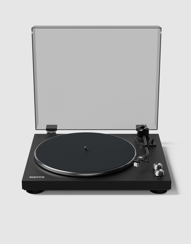 iWorld - Kanto OBI3 Turntable - Matte Black with Kanto ORA 100W Powered Speakers - Black Bundle