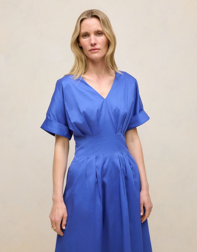 Trenery - Cotton Sateen Pleat Waist Dress in Vivid Blue