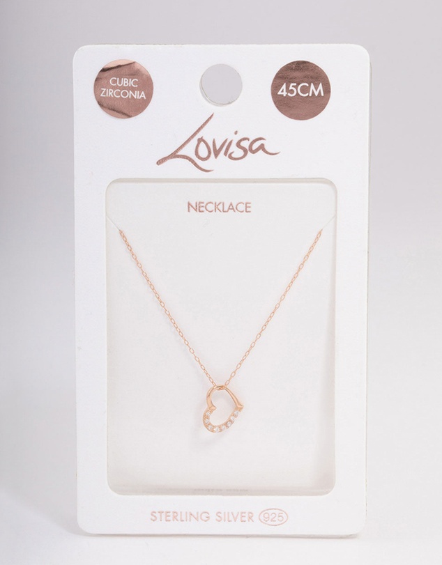 Lovisa - Rose Gold Plated Sterling Silver Cubic Zirconia Half Paved Heart Necklace